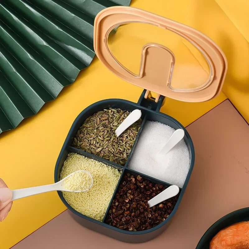 PACK of 3 Plastic Square 4 Sections Multipurpose Masala Rangoli Dabba Box Set, Spice Box Set (Masala Box - 4 in 1) with Spoons See-Through Lid,
