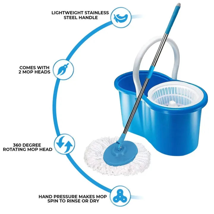 360° Magic Spin Mop Set with Microfiber Mop Heads & Plastic Bucket for Effortless Cleaning