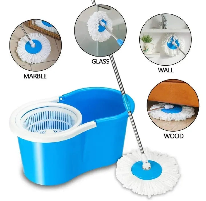 360° Magic Spin Mop Set with Microfiber Mop Heads & Plastic Bucket for Effortless Cleaning
