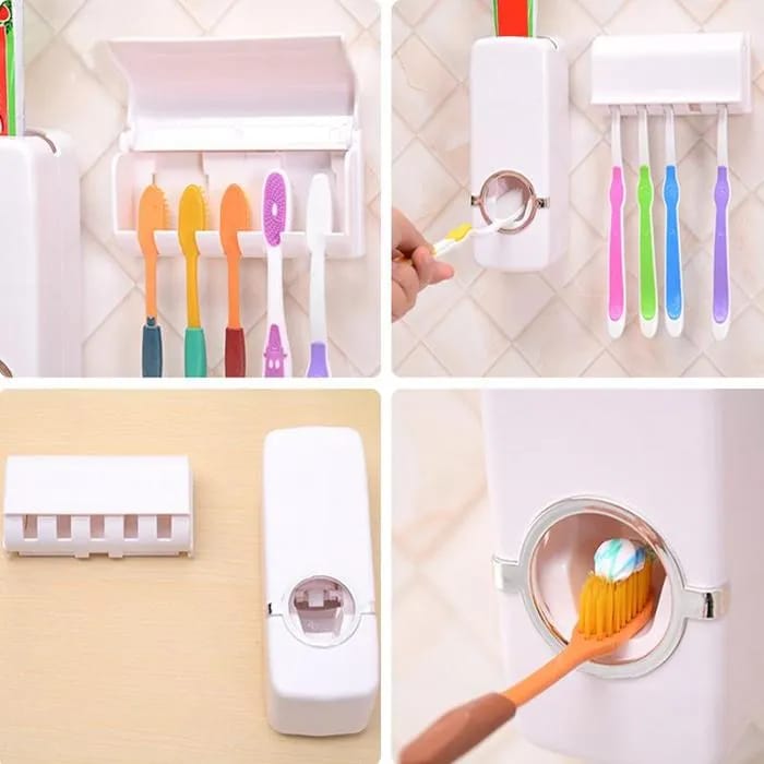 Hands Free Wall Mounted Plastic Dust Proof Automatic Toothpaste Dispenser 5 Toothbrush Squeezer Kit Dust-Proof Holder