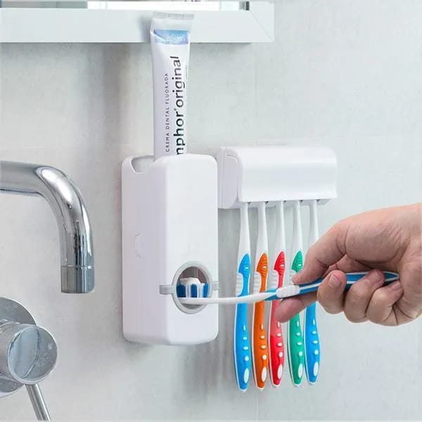 Hands Free Wall Mounted Plastic Dust Proof Automatic Toothpaste Dispenser 5 Toothbrush Squeezer Kit Dust-Proof Holder