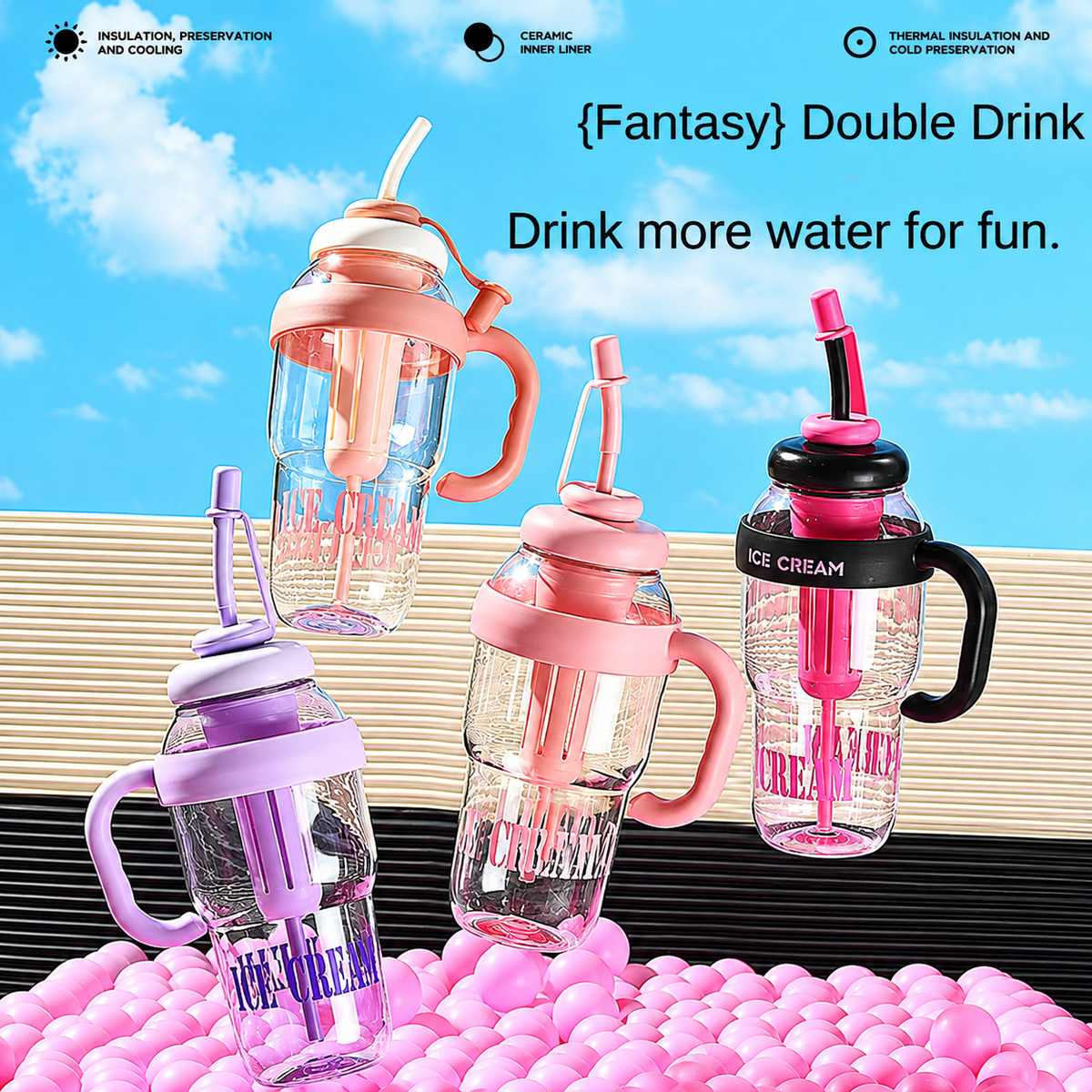 Pack of 2 – 1300ml Ice Cream Tumblers with Lid, Straw & Handle | Reusable Water Bottles for Kids