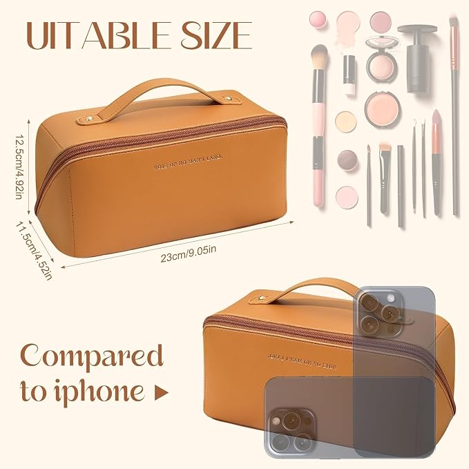 PU Leather Travel Makeup Bag, Large Capacity Cosmetic Organizer with Handle and Multiple Compartments