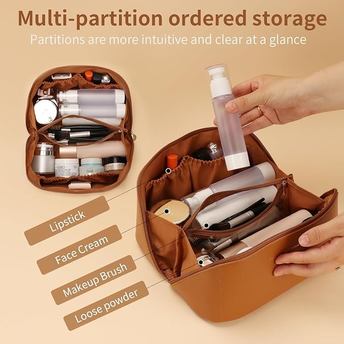 PU Leather Travel Makeup Bag, Large Capacity Cosmetic Organizer with Handle and Multiple Compartments