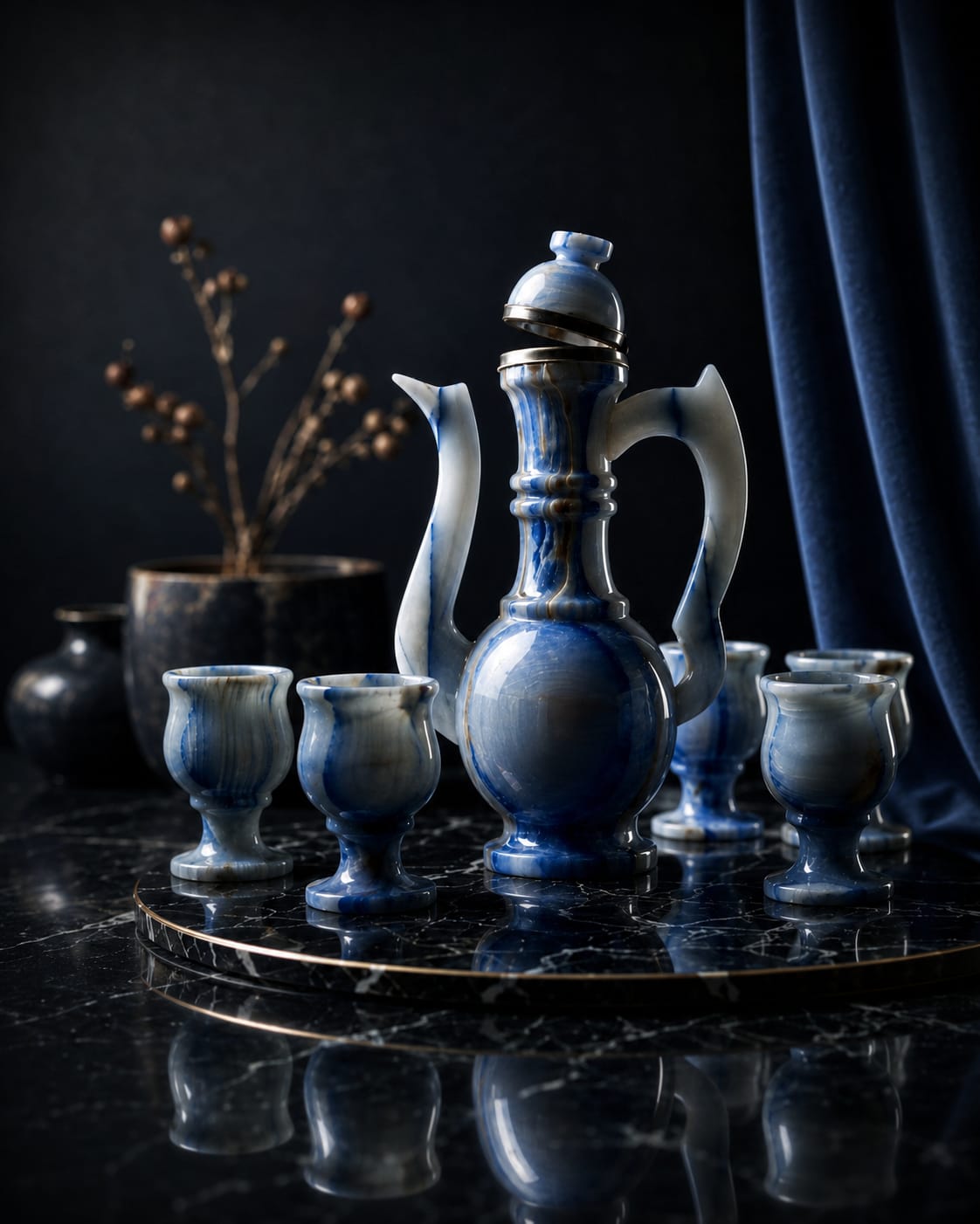 Handcrafted Luxury Marble Onyx Jug & 6 Cup Serving Set