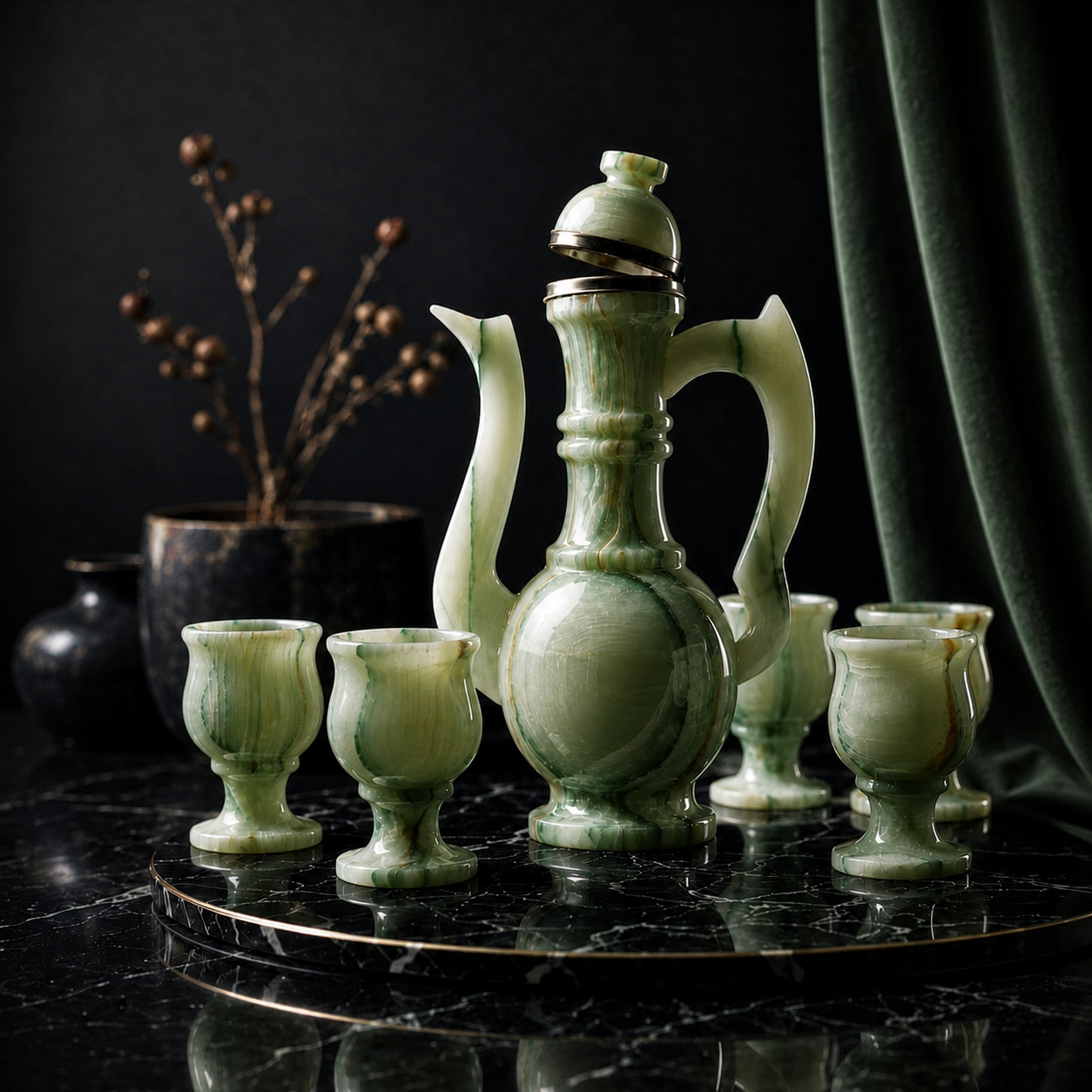 Handcrafted Luxury Marble Onyx Jug & 6 Cup Serving Set