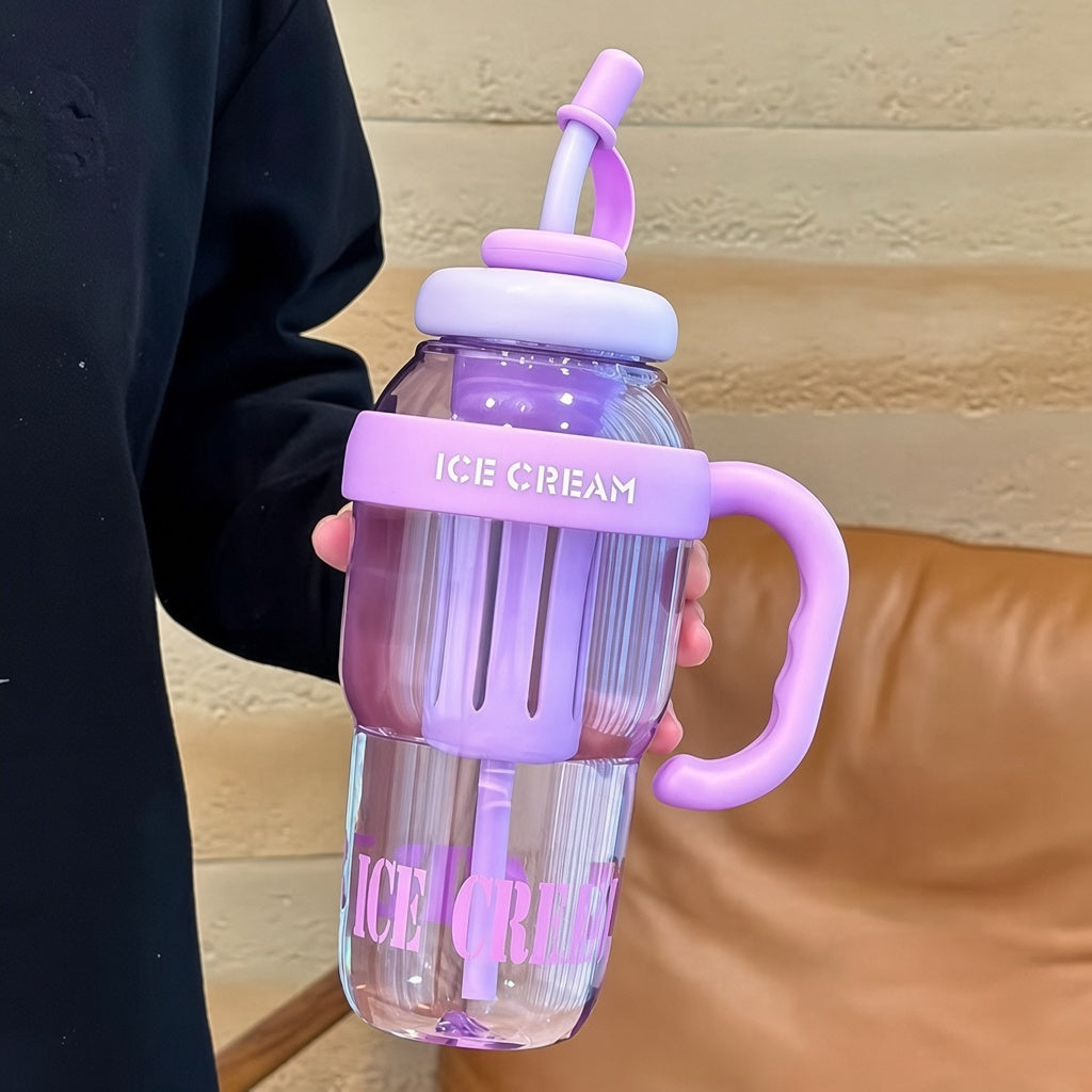 Pack of 2 – 1300ml Ice Cream Tumblers with Lid, Straw & Handle | Reusable Water Bottles for Kids