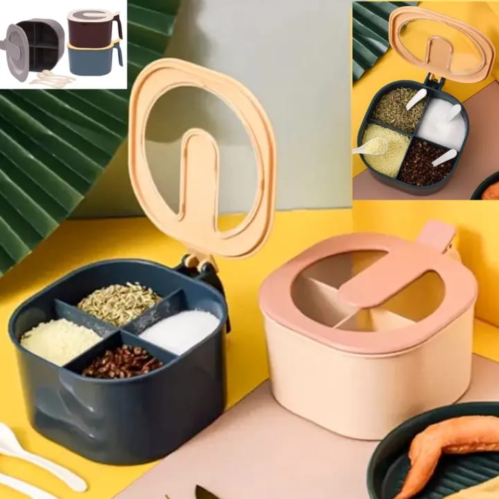 PACK of 3 Plastic Square 4 Sections Multipurpose Masala Rangoli Dabba Box Set, Spice Box Set (Masala Box - 4 in 1) with Spoons See-Through Lid,
