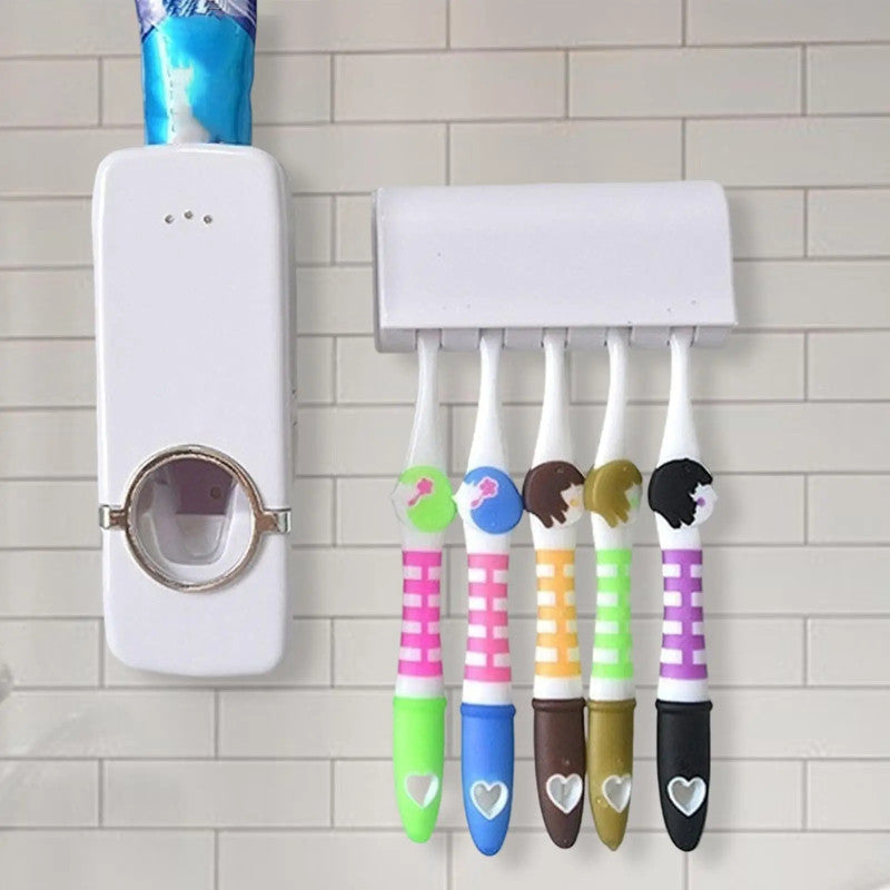 Hands Free Wall Mounted Plastic Dust Proof Automatic Toothpaste Dispenser 5 Toothbrush Squeezer Kit Dust-Proof Holder