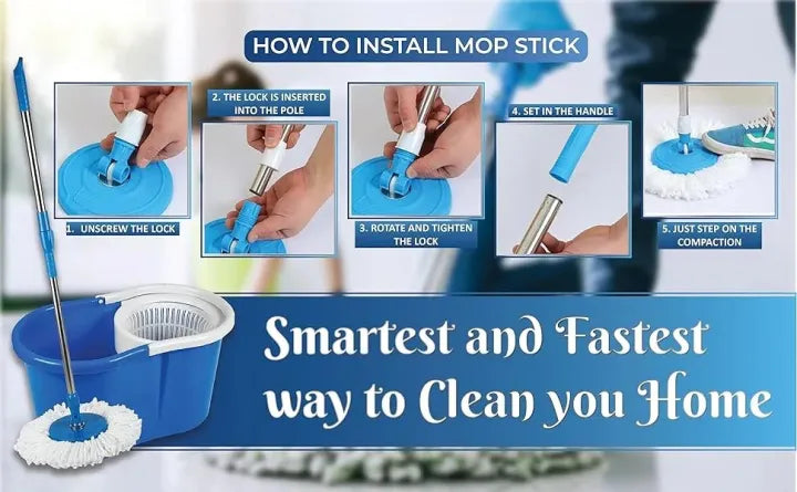 360° Magic Spin Mop Set with Microfiber Mop Heads & Plastic Bucket for Effortless Cleaning