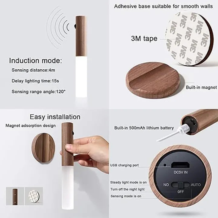 Motion Sensor Night Lights with Magnet Body Sensor for Hallway | Rechargeable Led Light | Portable Stairway Lights Wooden Wall