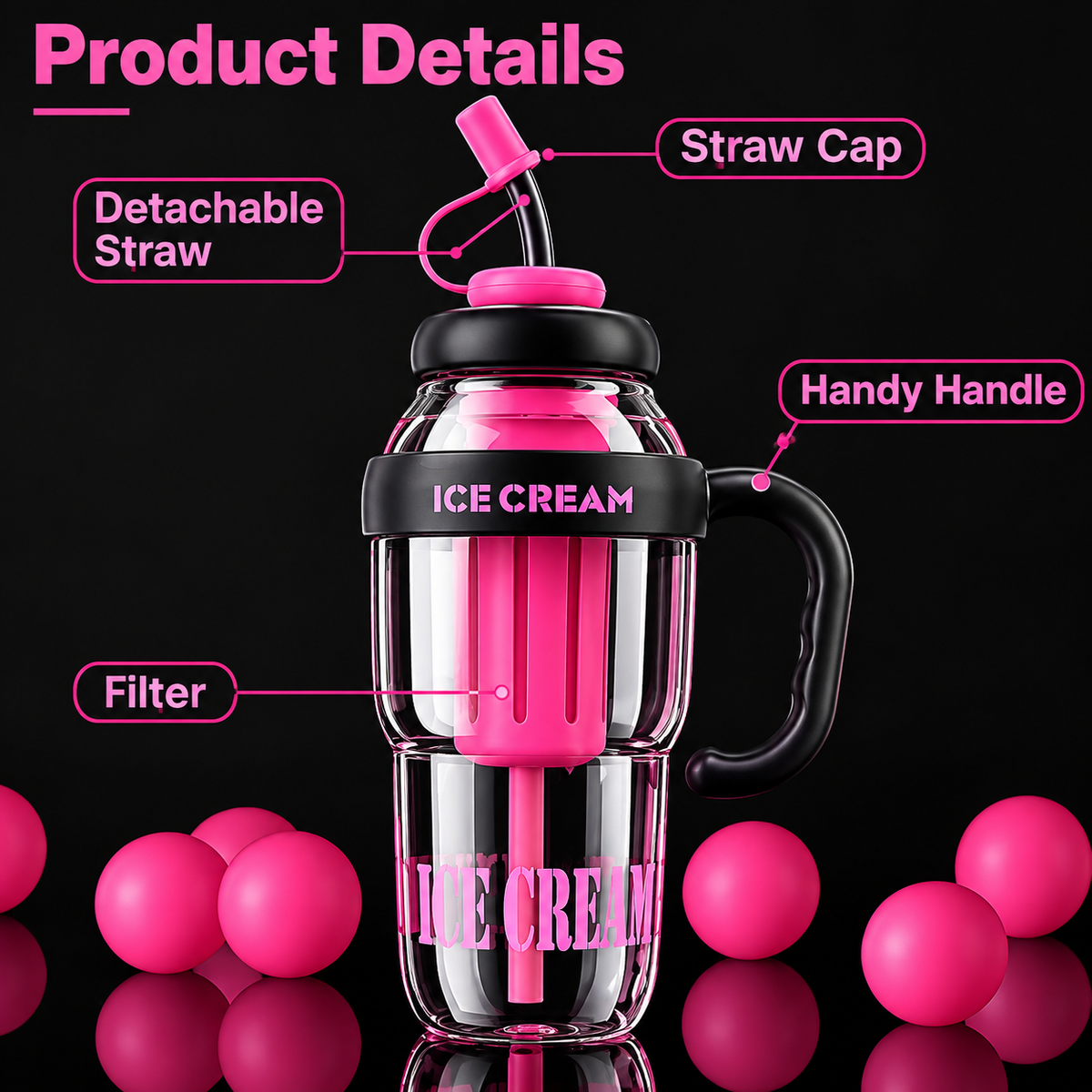 Pack of 2 – 1300ml Ice Cream Tumblers with Lid, Straw & Handle | Reusable Water Bottles for Kids