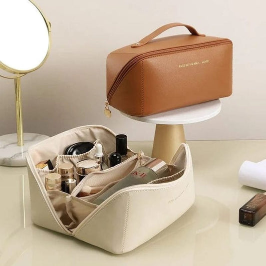 PU Leather Travel Makeup Bag, Large Capacity Cosmetic Organizer with Handle and Multiple Compartments